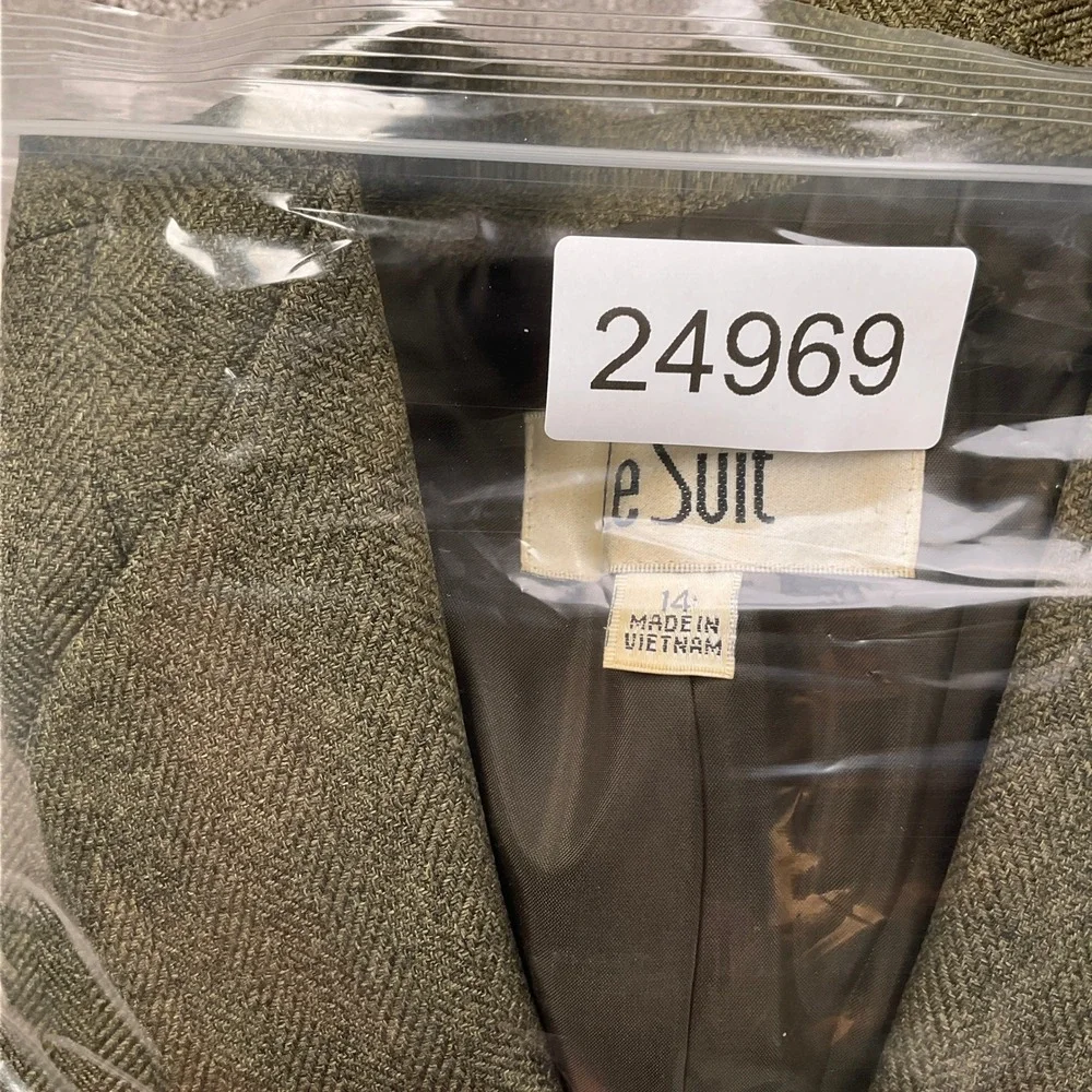 Le Suit Skirt Set Women 14 Olive Green Herringbone‎ Minimalist Career Structured